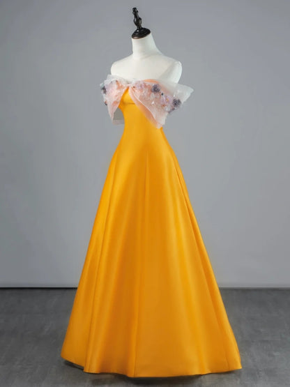 Modest A line Off The Shoulder Orange Appliqued Lace Satin Long Prom Dresses Night Formal Dresses N682