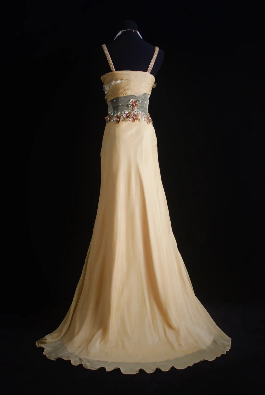 Robe de bal longue rétro années 90 en mousseline jaune à fines bretelles et coupe trapèze - Inspiration pour une tenue de 18 ans - Robe de soirée N494
