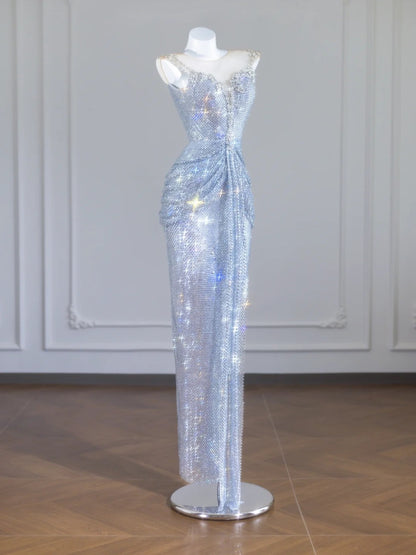 Sparkly Mermaid Scoop Neck Silver Sequin With Beaded Long Prom Dresses Formal Dress Party Birthday Outfits N406