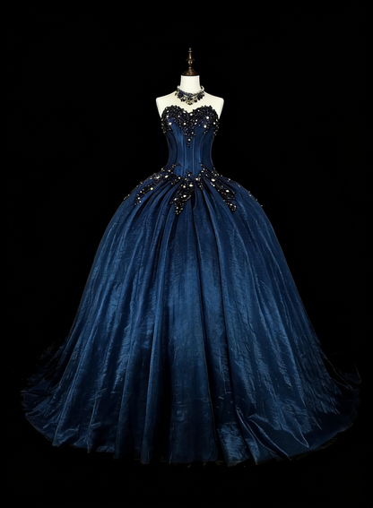 Vintage Ballkleid mit Herzausschnitt, marineblauer Tüll, 80er Jahre, Abendkleid, formelles Kleid zum 16. Geburtstag, langes Ballkleid N1757