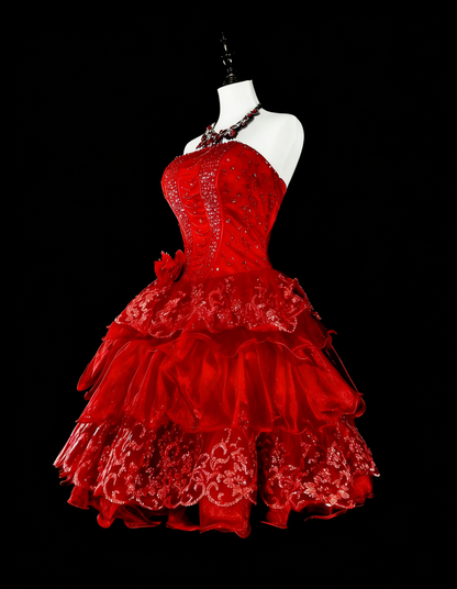 Einzigartiges Ballkleid, trägerlos, Spitze, Rot, Inspo, Vintage, Mode, 2000er, Hoco-Kleider, kurze Inspo, Heimkehrkleider N2012