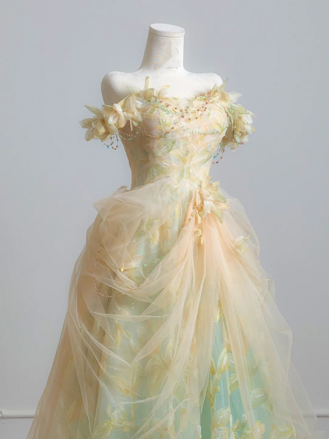 Märchenhaftes Ballkleid, schulterfrei, grüner, geblümter Tüll, langes, formelles Abendkleid, formelles Geburtstagskleid, Ballkleid N729