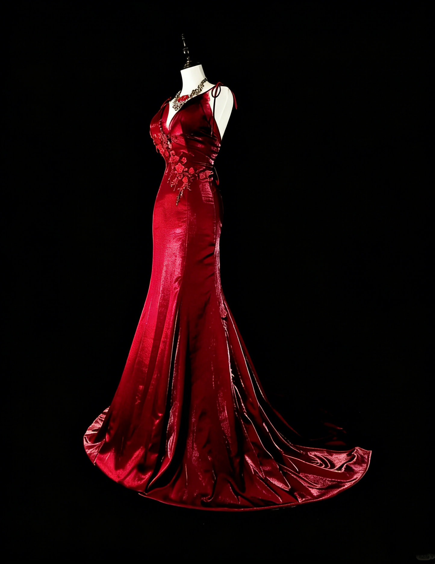 Robe de bal vintage sirène à fines bretelles bordeaux, inspiration classique, robe de soirée formelle N1993