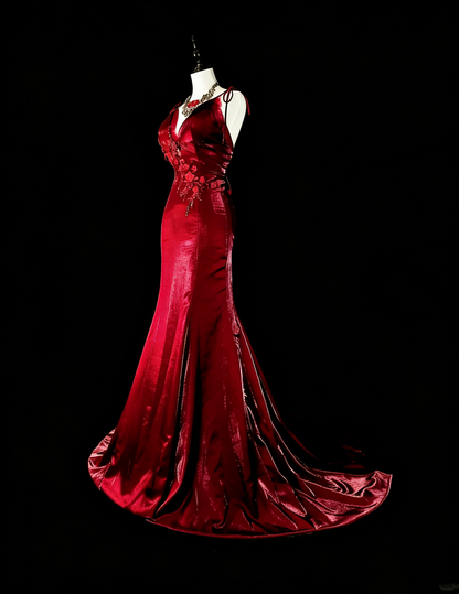 Robe de bal vintage sirène à fines bretelles bordeaux, inspiration classique, robe de soirée formelle N1993