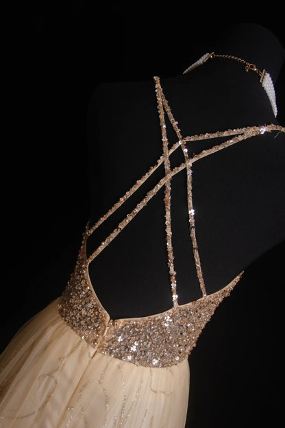 Retro-A-Linien-Kleid mit Spaghettiträgern, Tüll- und Perlenbesatz am Oberteil, langes Ballkleid im Stil der 1950er Jahre, Inspiration für Outfits zum 18. Geburtstag, formelles Kleid N495