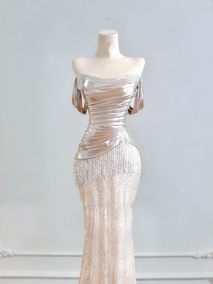 Sparkling Mermaid Off The Shoulder Champagne Sequin Long Prom Dresses Impress 18th Birthday Outfits Party Gown N389