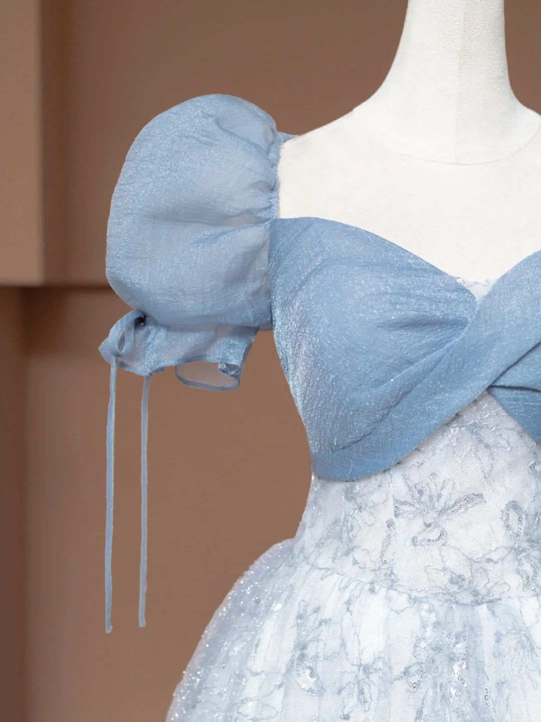 Robe de bal féérique à décolleté cœur et manches bouffantes, en tulle bleu, longue robe de soirée formelle, robe d'anniversaire formelle, robe de bal N730