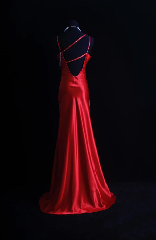 Retro Mermaid Spaghetti Strap Red Satin 90s Beaded Bodice Long Prom Dresses Inspo 18th Birthday Outfits Formal Dress N491
