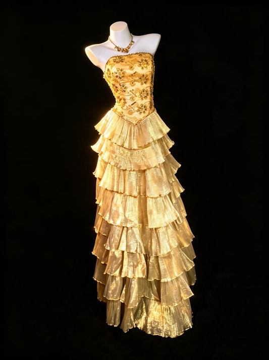 Modest Ball Gown Strapless Gold Ruffled Tiered Layers Evening Dresses Night Date Prom Dress N4475