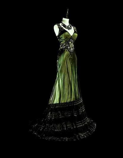 Vintage Prom Dresses Mermaid V Neck Olive Green Black Tulle With Beaded 90s Long Formal Gown N2716