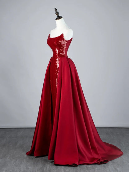 Robe de bal longue sirène bordeaux à paillettes, sans bretelles, plissée et avec traîne, en satin, référence N848