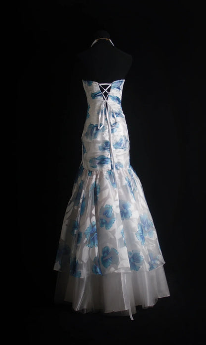Retro Meerjungfrauen-Abendkleid mit Herzausschnitt, Blumenmuster, blau, 2000er-Jahre, langes Kleid, Inspiration für Outfits zum 19. Geburtstag, formelles Kleid N499