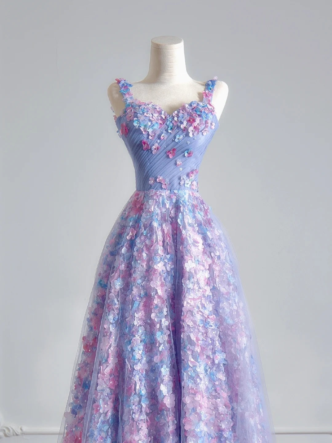 Prinzessinnen-A-Linien-Abendkleid mit Spaghettiträgern, lila Tüll, Blumenmuster, langes formelles Abendkleid mit Schal, Partykleid N347