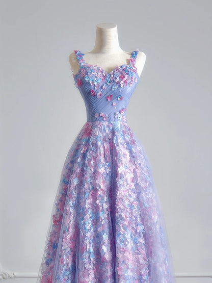 Prinzessinnen-A-Linien-Abendkleid mit Spaghettiträgern, lila Tüll, Blumenmuster, langes formelles Abendkleid mit Schal, Partykleid N347