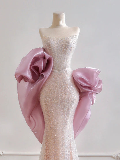 Glamouröses, trägerloses Meerjungfrauen-Abendkleid in Hellrosa mit Pailletten und Cape, langes Abendkleid, festliches Kleid, Geburtstagskleid N377