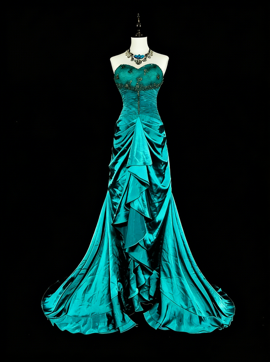 Vintage Prom Dresses Aesthetic 1960s Retro Mermaid Green Satin Long Formal Dress N2149