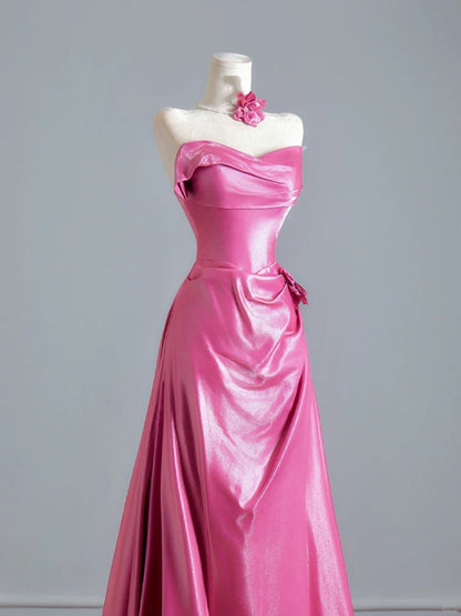 Zeitloses, trägerloses, langes, rosafarbenes A-Linien-Abendkleid mit Raffungen – Inspiration für Partys und Ballkleider N305