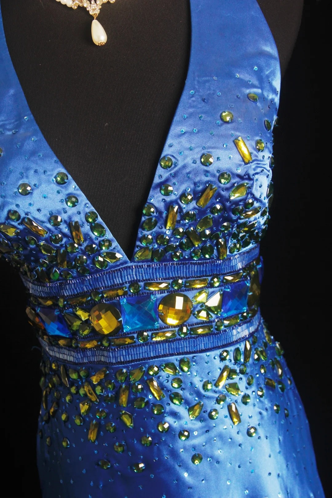 Vintage Prom Dresses Mermaid Royal Blue V Neck With Gold Beaded 80s Evening Formal Dress RB3274