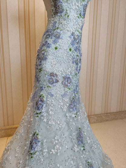 Elegantes Meerjungfrau-Kleid, schulterfrei, Grau mit Spitze, elegantes Outfit zum 18. Geburtstag, formelle Ballkleider N4197