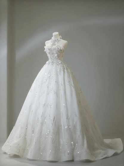 Robe de mariée classique à col montant, ornée de cristaux et de sequins blancs, idéale pour l'été (N276)