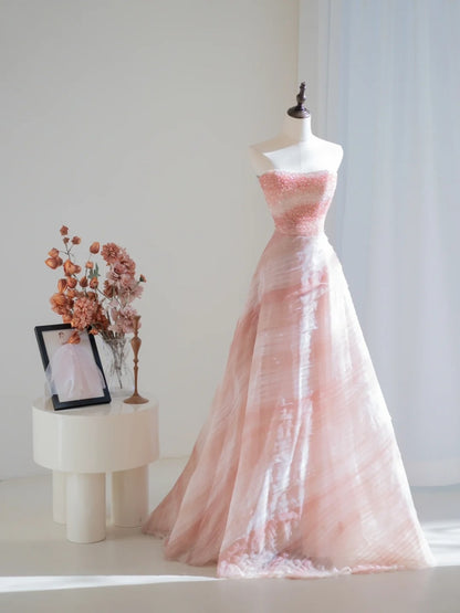 Elegantes, trägerloses Ballkleid aus rosa Tüll mit Kristall- und Perlenstickerei, langes Partykleid, Outfit zum 18. Geburtstag, Abschlusskleid N233