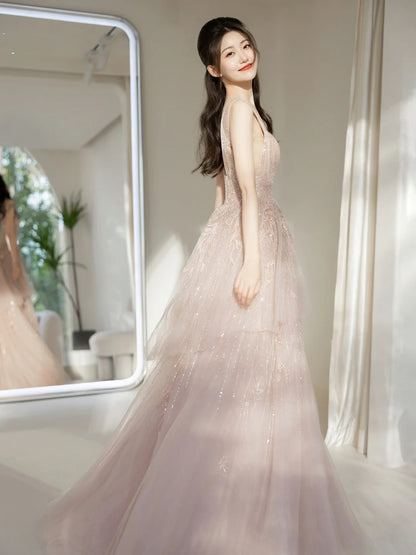 Bezauberndes Ballkleid mit tiefem V-Ausschnitt, rosa Pailletten, langes Abendkleid, beeindruckendes Outfit zum 19. Geburtstag, Abendkleid N236