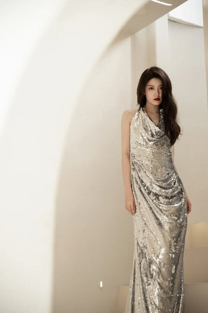 Mermaid Halter Silver Sequin Long Prom Dresses Impress 18th Birthday Outfits Prom Gown N231