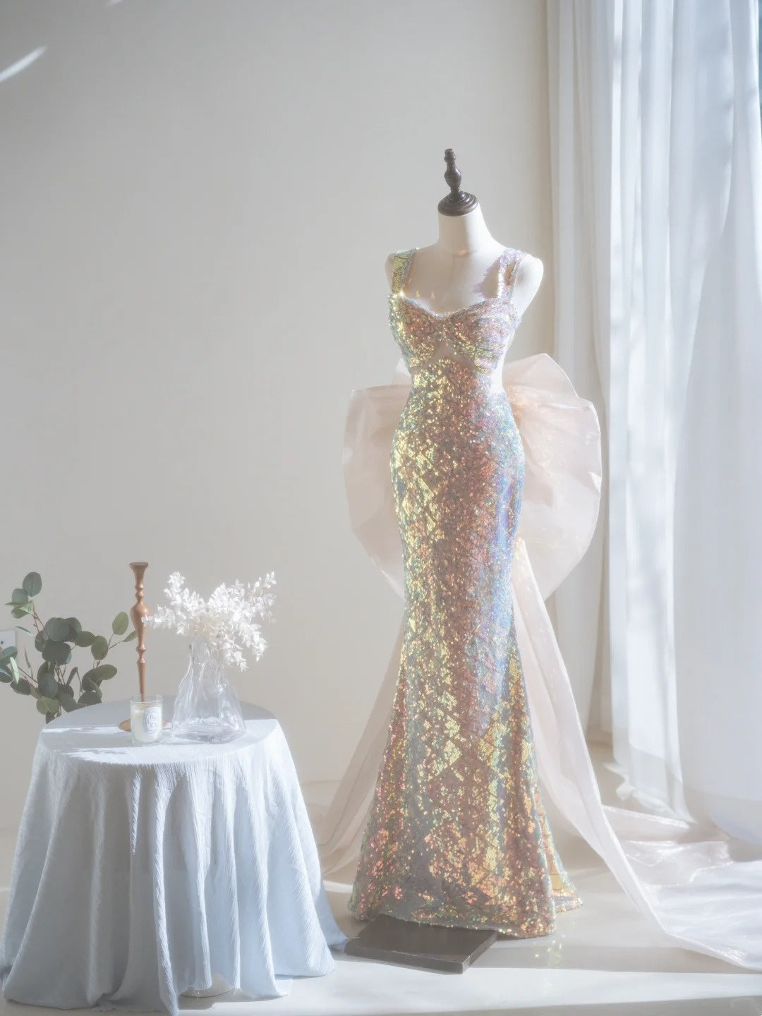 Robe de bal longue à paillettes et col carré, style sirène scintillant, sans manches, robe de soirée A022