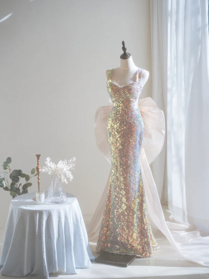 Robe de bal longue à paillettes et col carré, style sirène scintillant, sans manches, robe de soirée A022