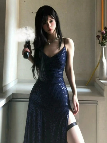 Robe de bal longue sirène bleu marine sexy à col en V et lacets, avec fente, AB1826