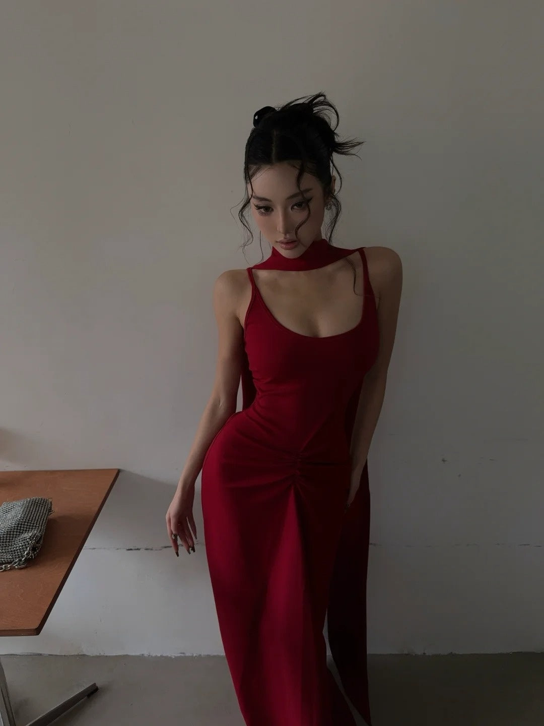 Robe de bal longue rouge sirène à fines bretelles et foulard, inspiration pour un 18e anniversaire, robe de soirée formelle N465