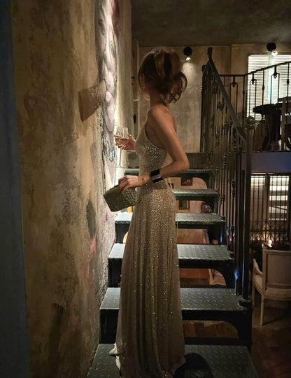 Funkelndes Meerjungfrauen-Abendkleid mit Spaghettiträgern, champagnerfarbenem Paillettenbesatz, langes Ballkleid, formelles Abendkleid für Geburtstagsfeiern N476
