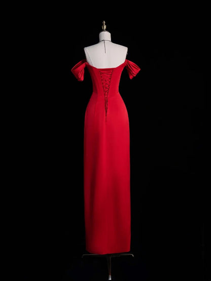 Robe de bal de fin d'année chic en satin rouge, fourreau, épaules dénudées et fente, N1271