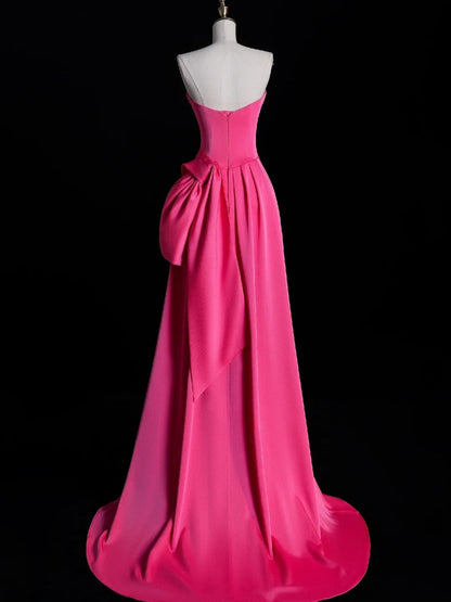 Robe de bal longue sirène simple sans bretelles en satin rose plissé avec doublure en satin N849