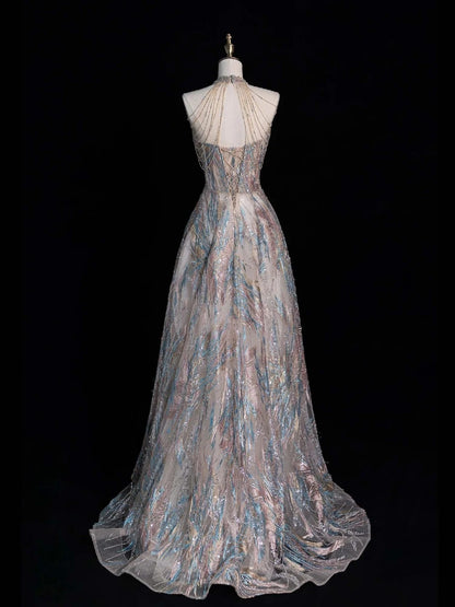 Sparkly A line Halter Sequins Long Formal Evening Dress Gowns Long Prom Dresses N746