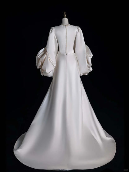 Pretty A line Long Sleeves White With Long Sleeves Satin Brides Gown Bridal Dress Style Long Wedding Dresses RB6567