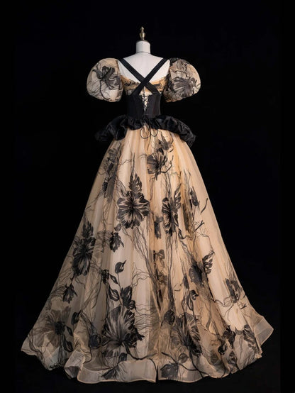 Elegantes, schwarzes, geblümtes Ballkleid mit herzförmigem Ausschnitt, kurzen Puffärmeln und langem Schnitt für Damen und Mädchen (Abendkleid N652)