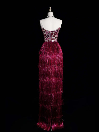Charming Sheath Strapless Pink Sequins With Tassels Long Prom Dresses Evening Outfits Formal Dress N1073