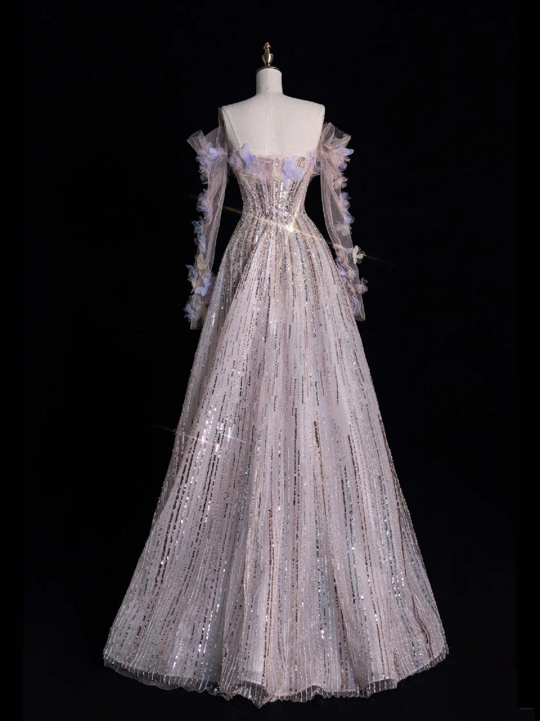 Prinzessinnen-Abendkleid in A-Linie, schulterfrei, paillettenbesetzt, lang, formell, Ballkleid N741