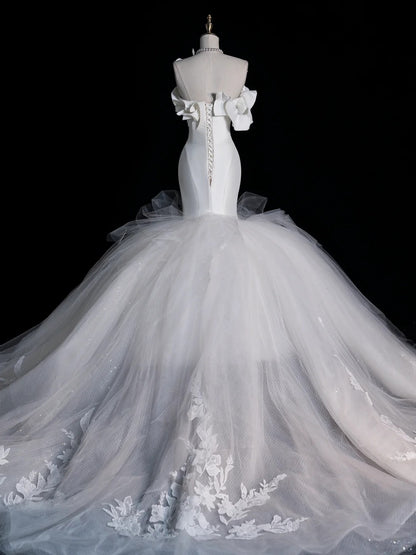 Dreamy Mermaid Sweetheart Satin White With Corset Fitted Brides Gown Bridal Dress Style Long Wedding Dresses RB6570
