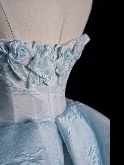 Robe de bal longue sans manches bleu ciel à imprimé floral, décolleté cœur, pour femmes et jeunes filles (N667)
