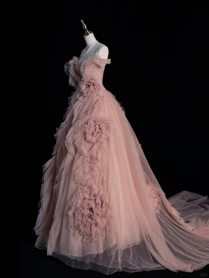 Robe de bal longue rose en tulle à fines bretelles - Inspiration robes de soirée - Robe de bal formelle N1214