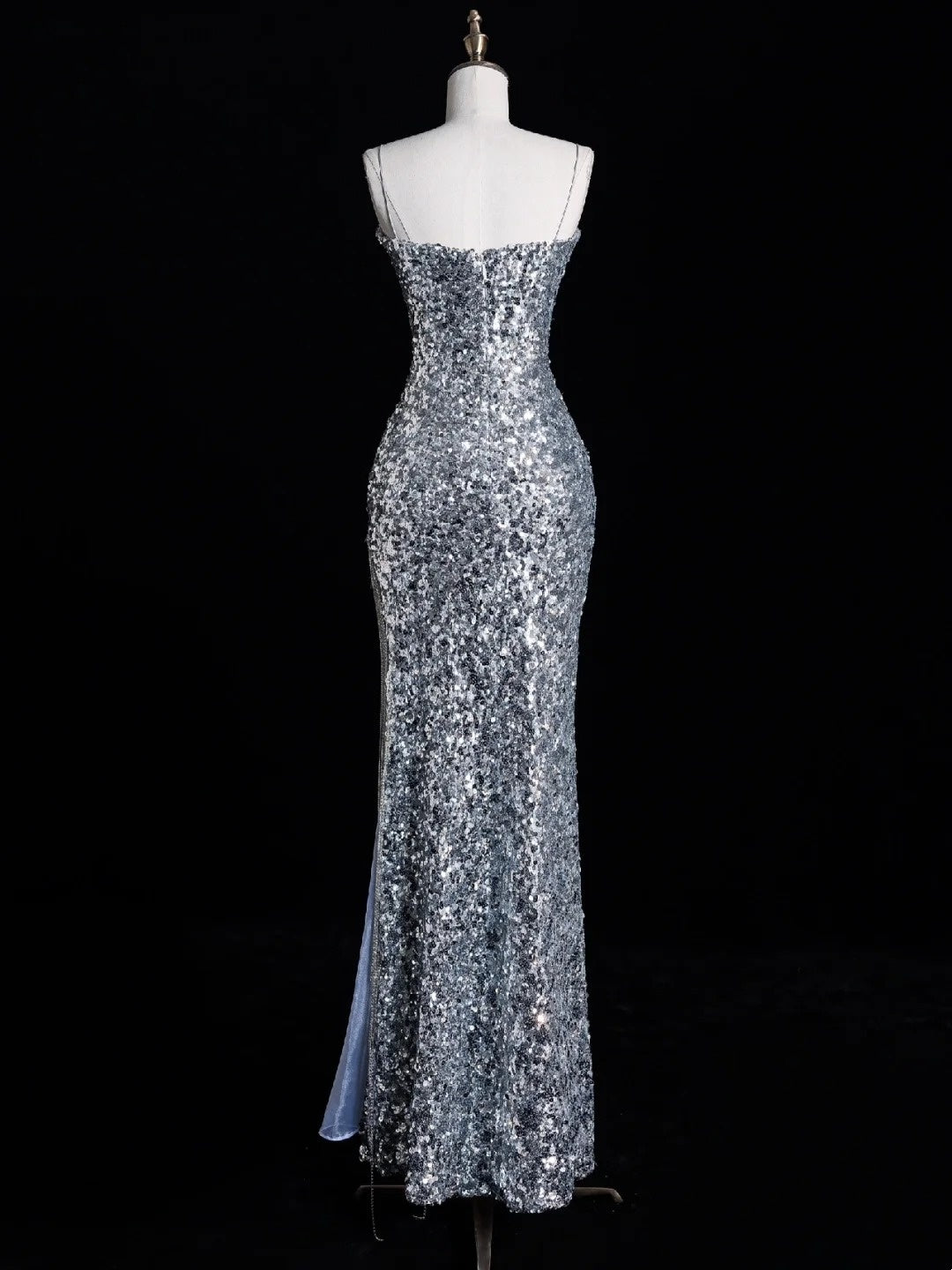 Elegantes Meerjungfrauen-Abendkleid mit Spaghettiträgern, silber-grau mit Pailletten, langes formelles Kleid für die Oberstufe, N1269
