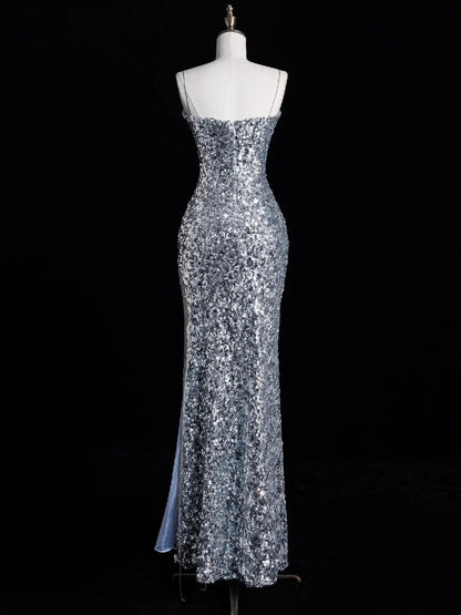 Elegantes Meerjungfrauen-Abendkleid mit Spaghettiträgern, silber-grau mit Pailletten, langes formelles Kleid für die Oberstufe, N1269