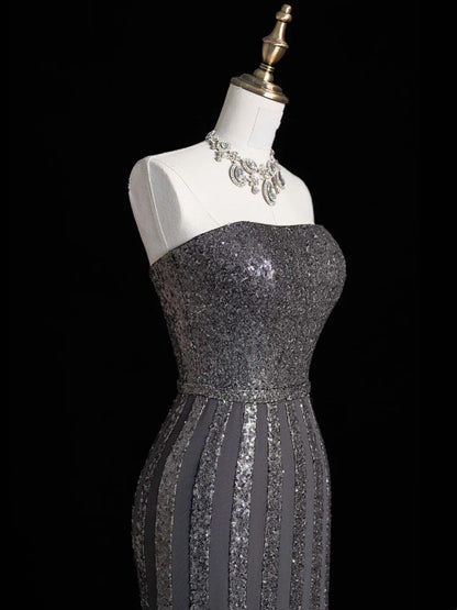 Funkelndes, trägerloses Meerjungfrauen-Abendkleid mit silber-grauen Pailletten, langes formelles Kleid für die Oberstufe, N1282