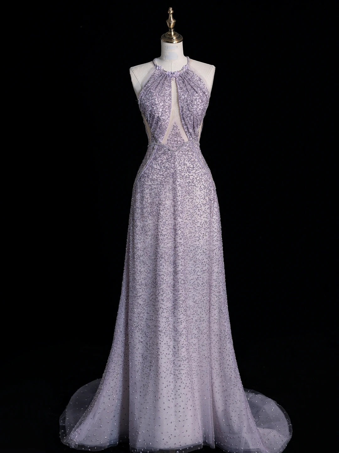 Robe de bal modeste, coupe trapèze, col montant, sequins gris argentés, inspiration robe de soirée princesse N771