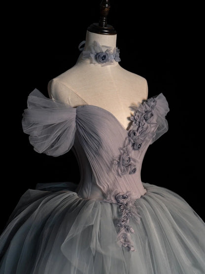 Robe de bal modeste à épaules dénudées en tulle argenté, inspiration robes de soirée, robe de princesse formelle N1280