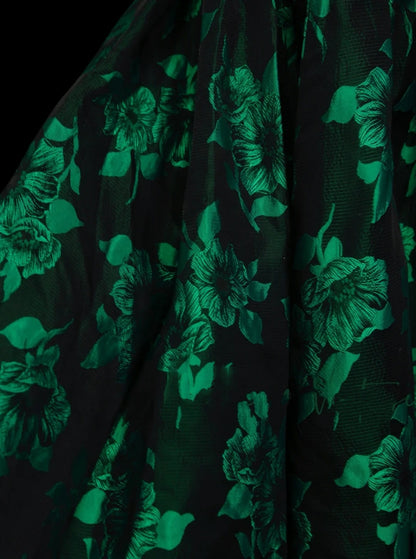 Robe bustier vert foncé en satin à fleurs, coupe trapèze, inspiration années 2000, style Y2K, référence N1383
