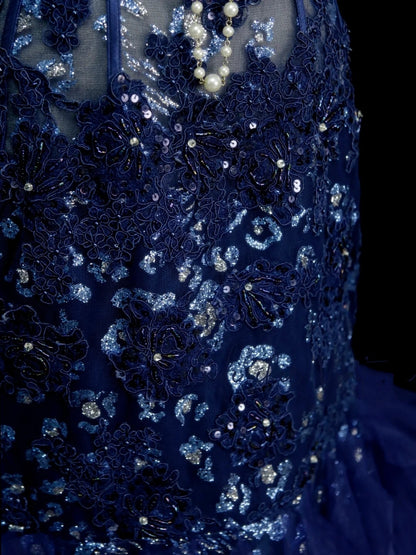 Vintage Mermaid Sweetheart Navy Blue Tulle Sleeveless Formal For Women Girls Teens Prom Dresses N2262