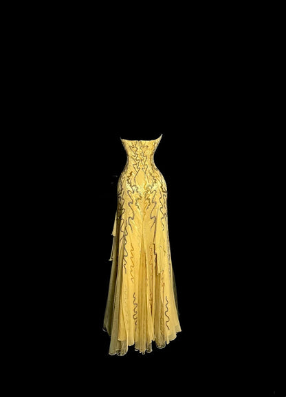 Robes de bal modestes sirène sans bretelles en mousseline dorée avec perles longue robe de soirée formelle N3863
